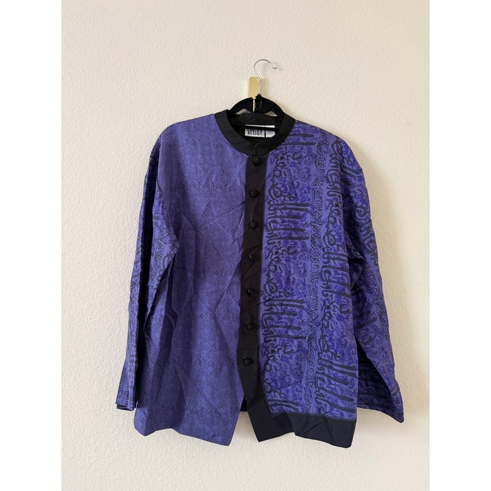 Chicos Vintage Purple Silk Calligraphy Print Mandarin Closure Jacket L lagenlook